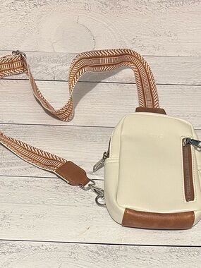 Cream and Tan Crossbody Belt Bag with Adjustable Woven Strap